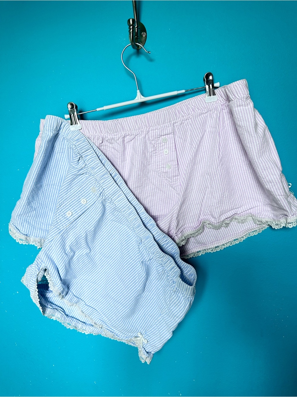 Altar'd State Blue & Pink Pair Striped Lace-Trim High Waist Shorts XL